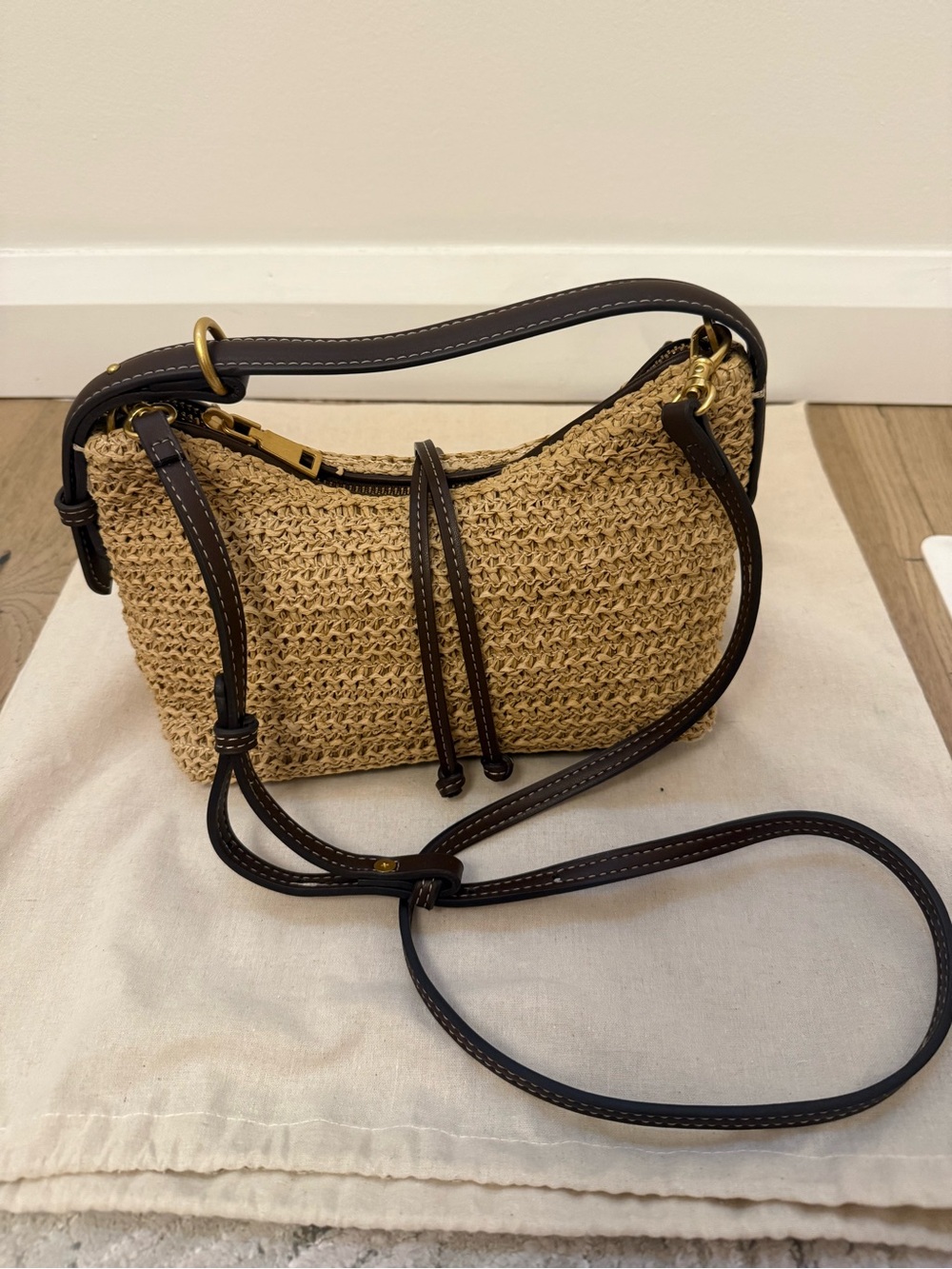 Zara Woven Straw Crossbody Bag with Dark Brown Trim